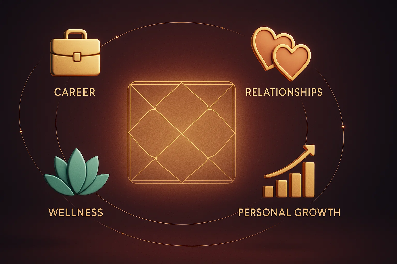 Real-life themes like career and relationships orbiting a subtle birth chart